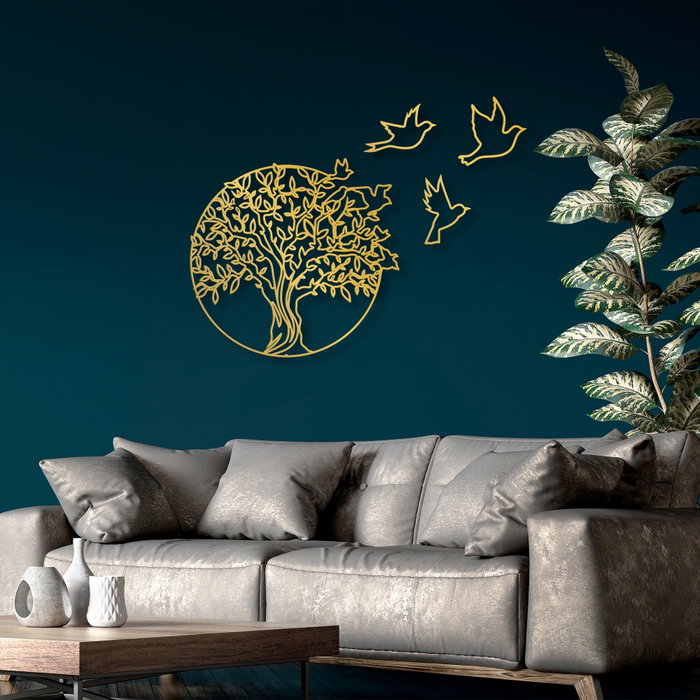 Wallity Tree And Birds 4 Escultura de pared dorada